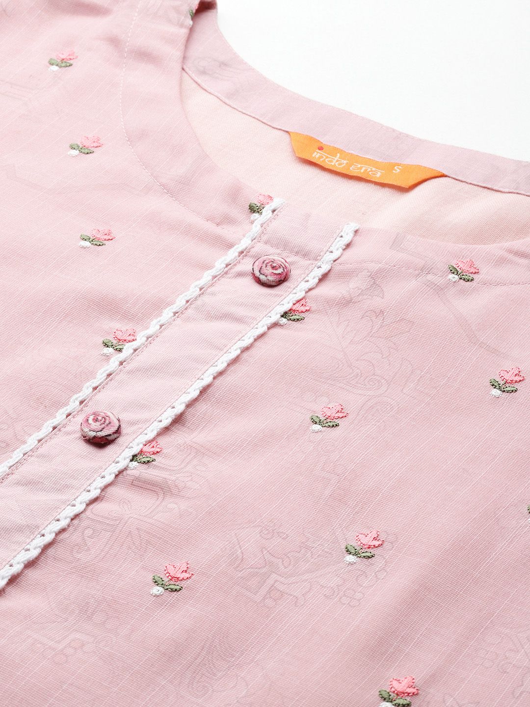 Floral Embroidered Thread Work Linen Kurta with Trousers & With Dupatta