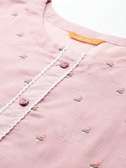 Floral Embroidered Thread Work Linen Kurta with Trousers & With Dupatta