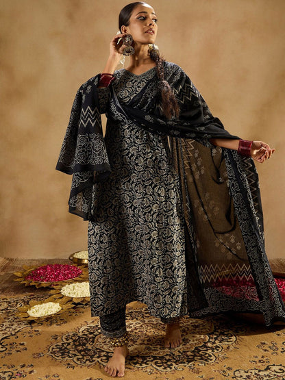 Dhiyona IE Floral Printed Regular Pure Cotton Straight Kurta with Trousers & Dupatta