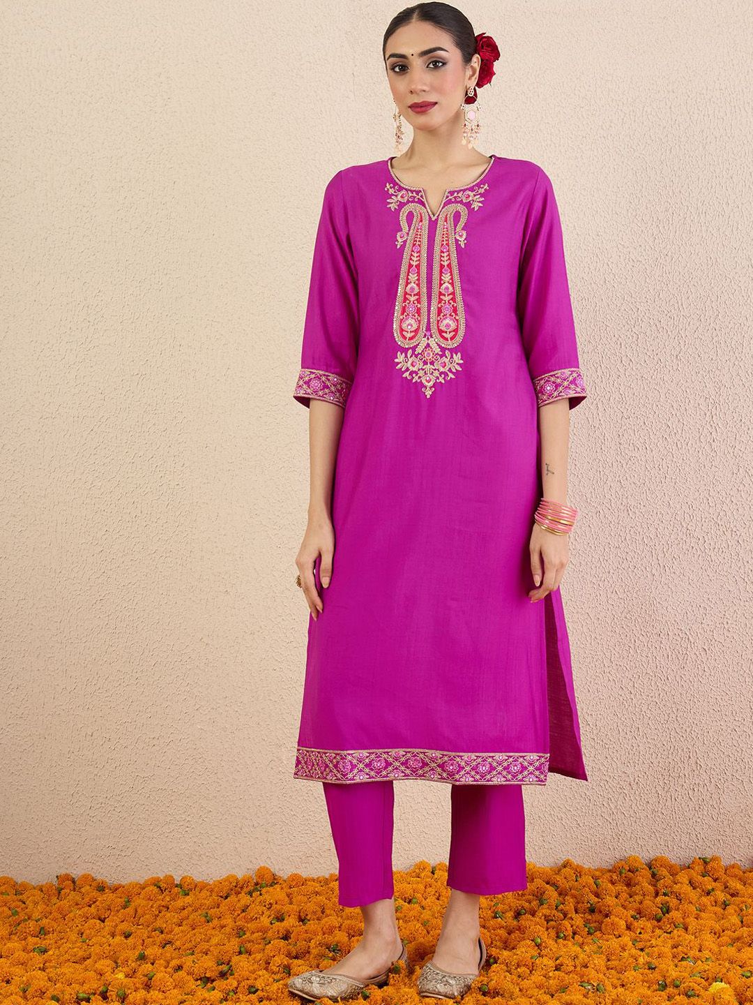 Women Solid Embroidered Kurta with Pyjama & Dupatta
