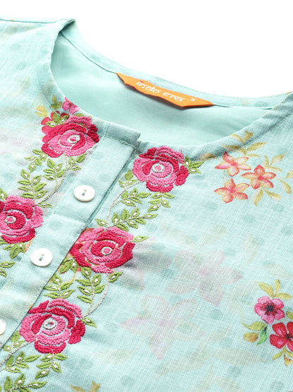 Dhiyona IE Floral Embroidered Thread Work Linen Kurta with Trousers & With Dupatta