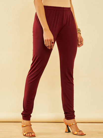 Dhiyona SO Women's Maroon Embellished Regular Beads and Stones A-Line Kurta with Churidar & With Dupatta