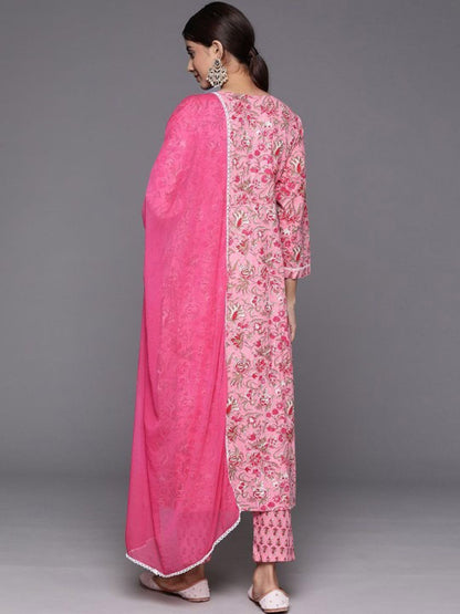 Dhiyona VA Women's Floral Printed Empire Pure Cotton Kurta with Trousers & With Dupatta