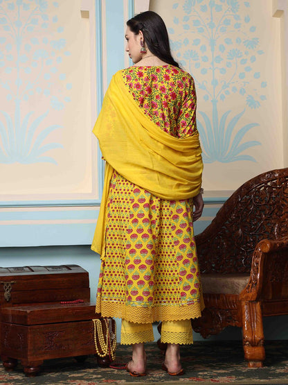 Dhiyona IS Women's Mustard Yellow Floral Printed Pure Cotton Anarkali Kurta With Trousers & Dupatta