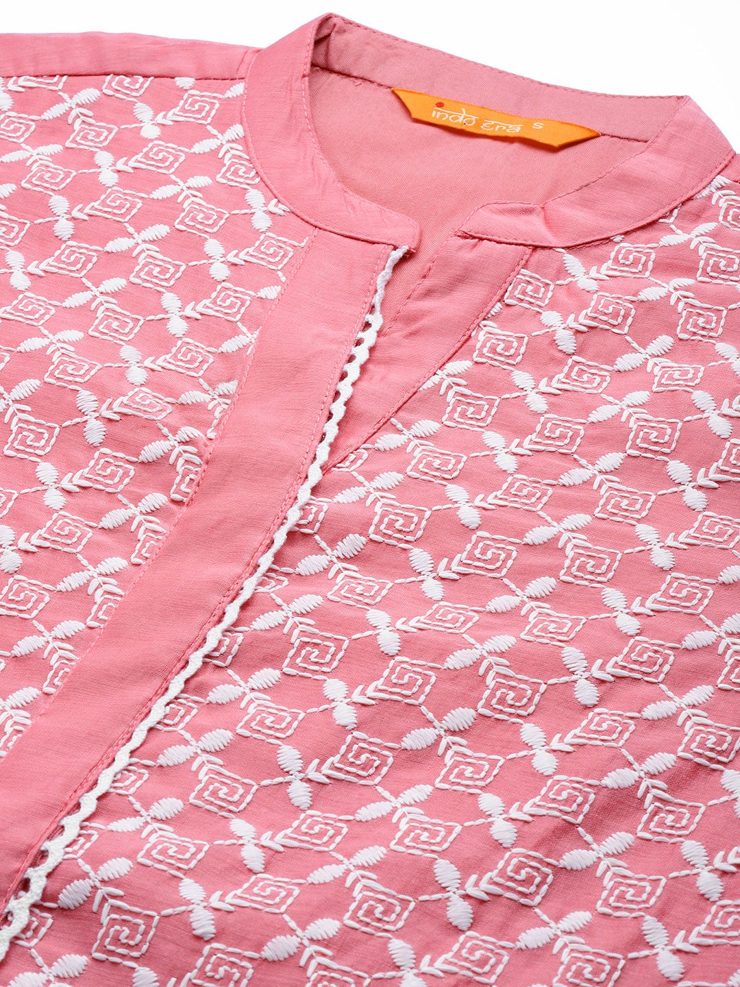 Women Pink & White Ethnic Motifs Embroidered Kurta with Palazzos