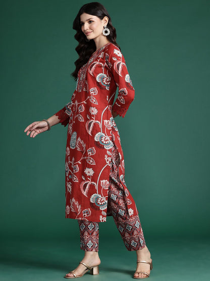Floral Printed Sequinned Pure Cotton Kurta With Trousers & Dupatta