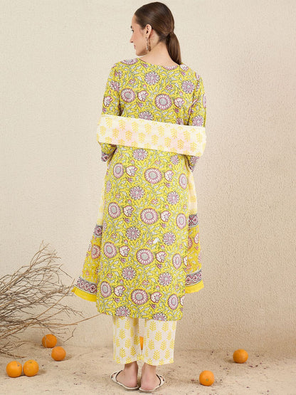 Dhiyona IE Floral Printed Pure Cotton V-Neck A-Line Kurta With Trousers And Dupatta