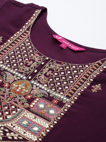 Dhiyona VA Women's Aubergine & Gold Ethnic Embroidered Straight Kurta with Trousers Dupatta