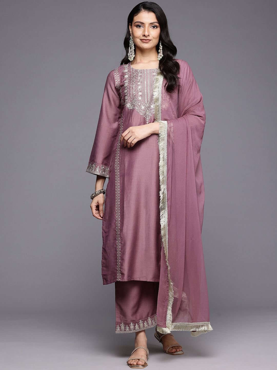Dhiyona VA Women'sFloral Embroidered Sequinned Kurta With Palazzos & Dupatta