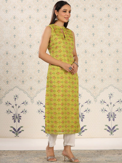 Dhiyona OD  Green Floral Printed Keyhole Neck Straight Kurta