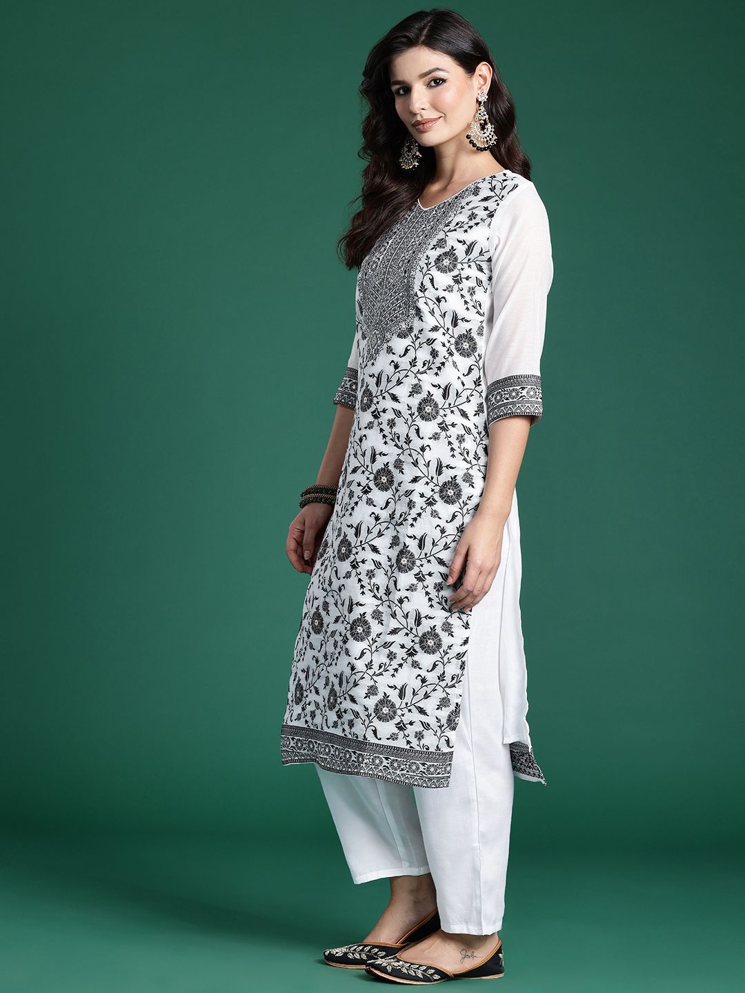 Floral Woven Design Kurta With Trousers & Dupatta