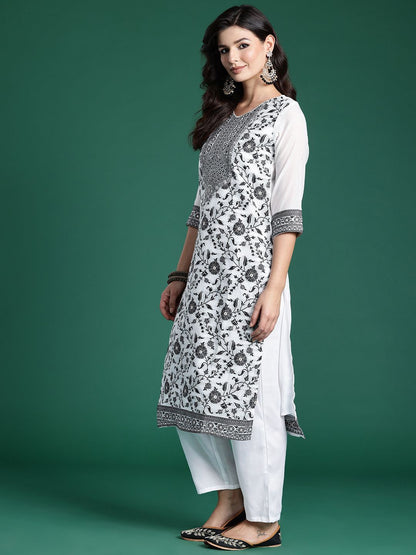 Floral Woven Design Kurta With Trousers & Dupatta