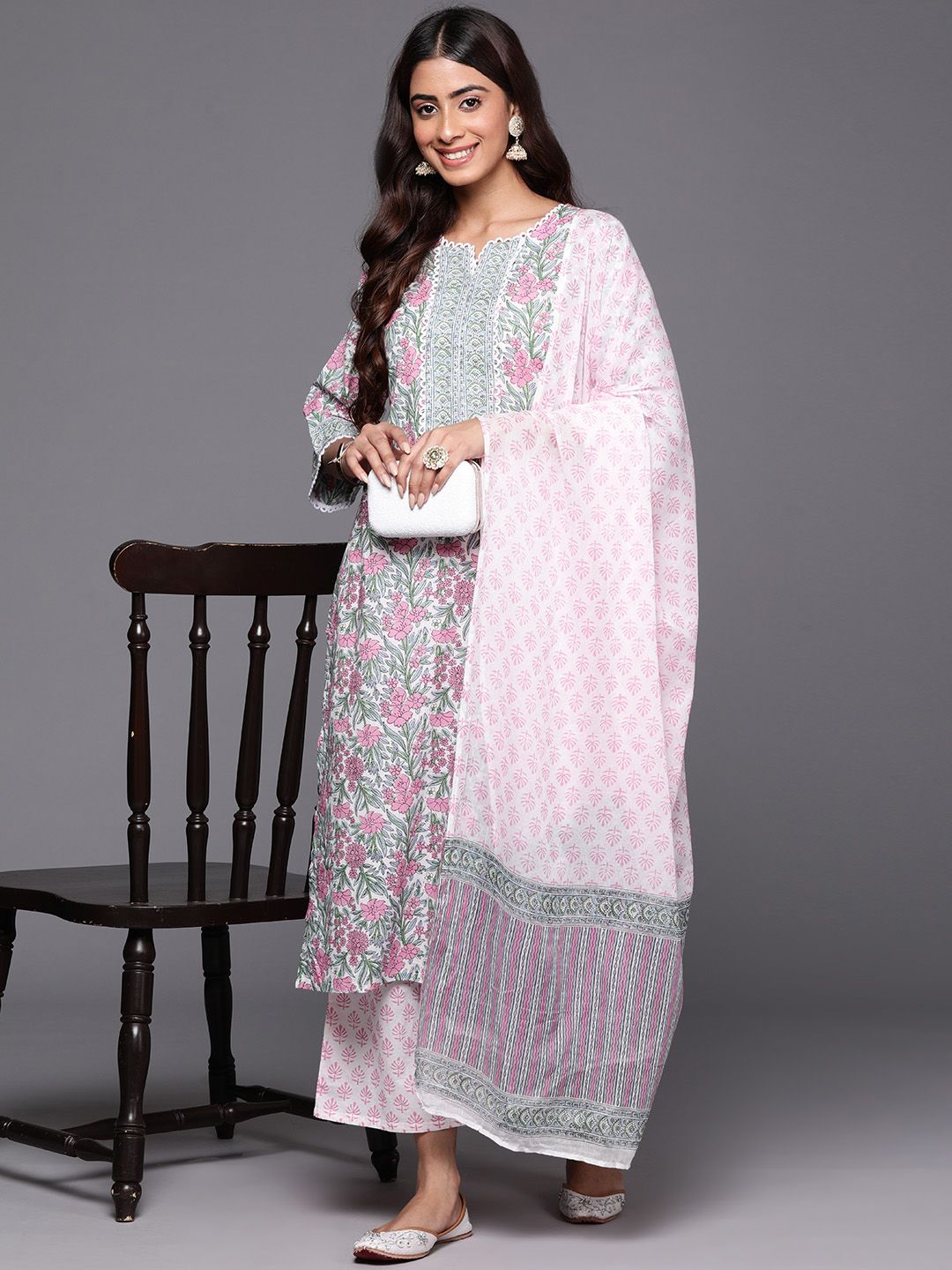 Dhiyona LB Women's Floral Printed Regular Pure Cotton Kurta with Palazzos & Dupatta