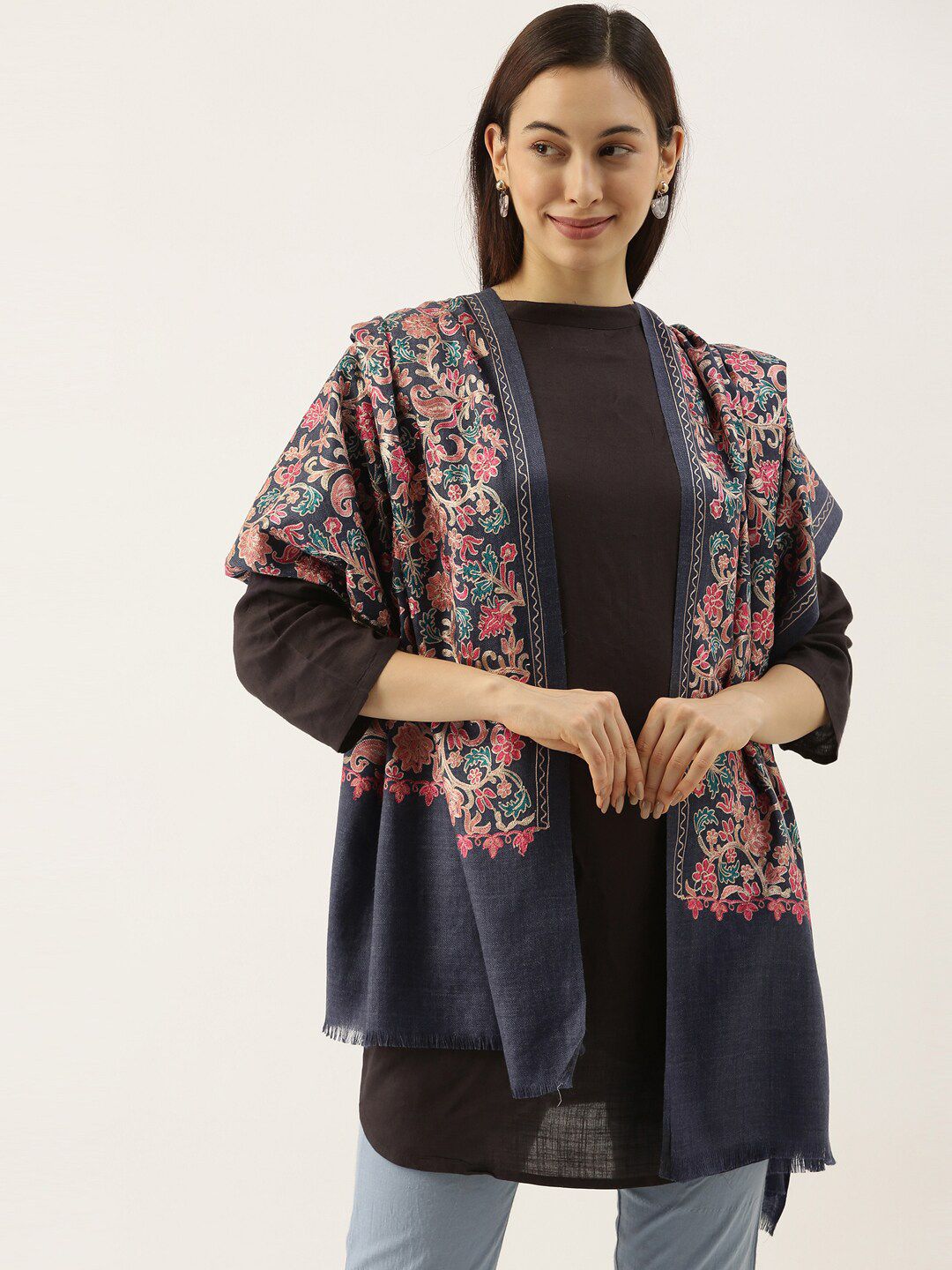 Dhiyona PA Women Navy Blue & Green Floral Embroidered Pure Wool Shawl