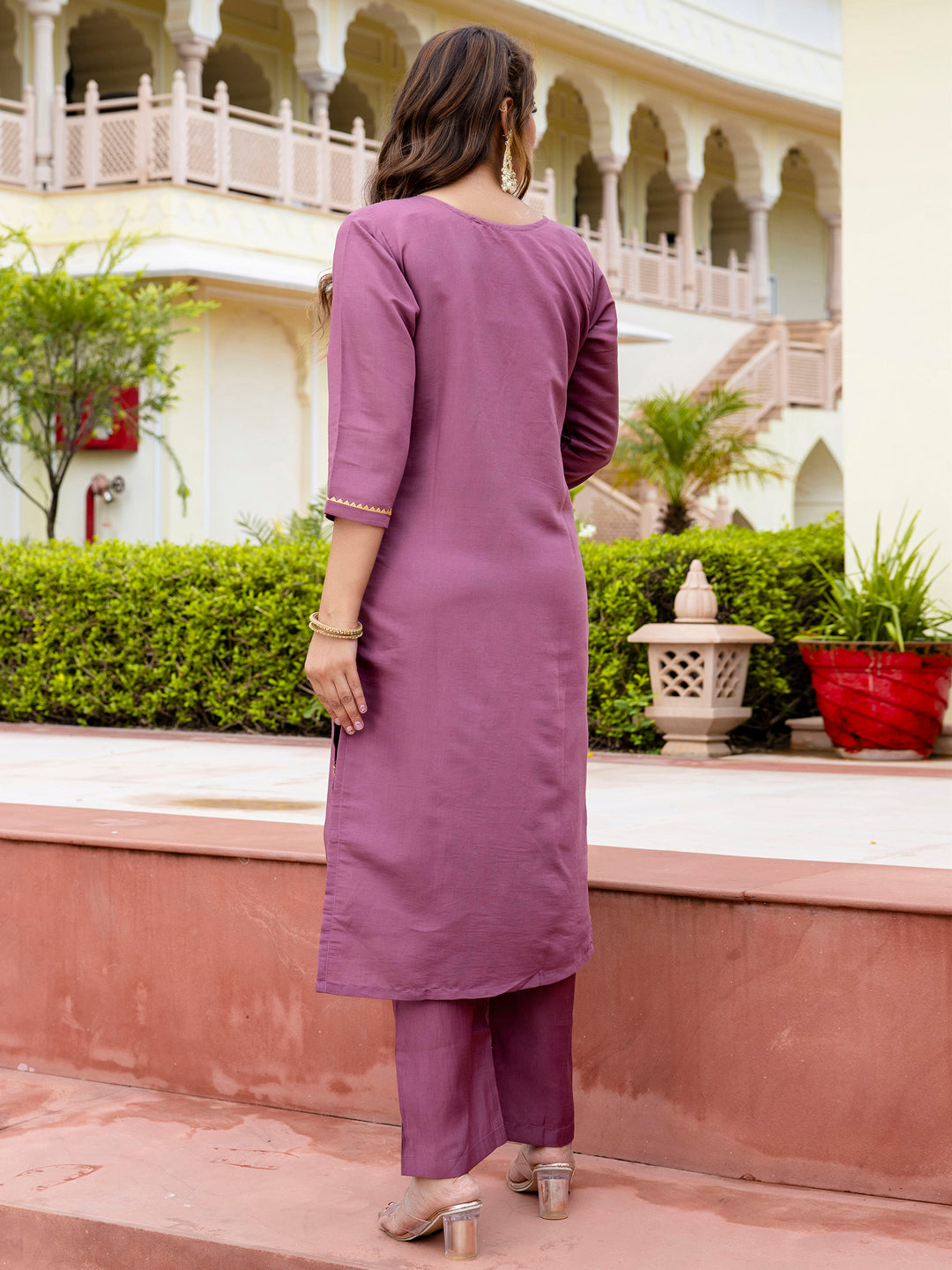 Dhiyona VV Women's Embroidered Silk Blend Calf Length Straight Kurta with Palazzo & Dupatta Set