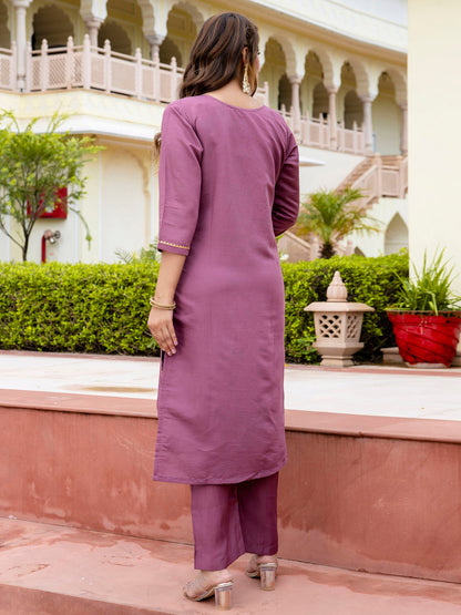 Dhiyona VV Women's Embroidered Silk Blend Calf Length Straight Kurta with Palazzo & Dupatta Set