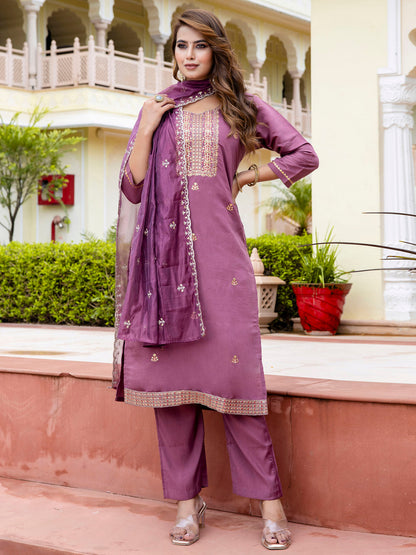 Dhiyona VV Women's Embroidered Silk Blend Calf Length Straight Kurta with Palazzo & Dupatta Set