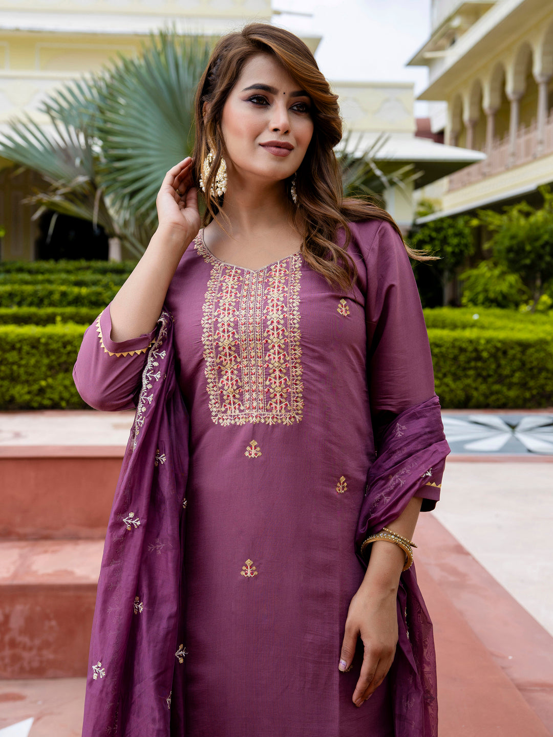 Dhiyona VV Women's Embroidered Silk Blend Calf Length Straight Kurta with Palazzo & Dupatta Set