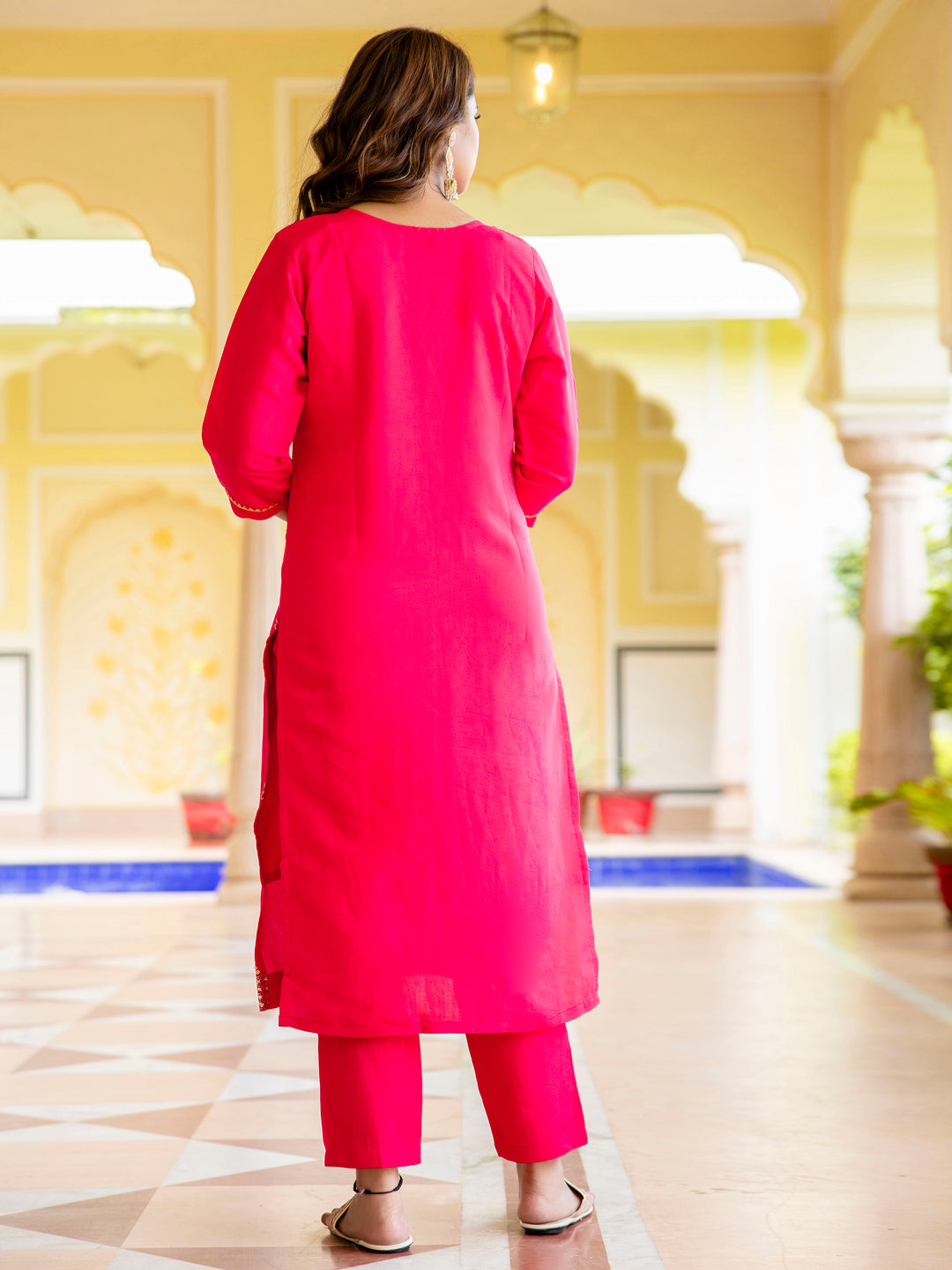Dhiyona VV Women's Embroidered Silk Blend Calf Length Straight Kurta with Palazzo & Dupatta Set