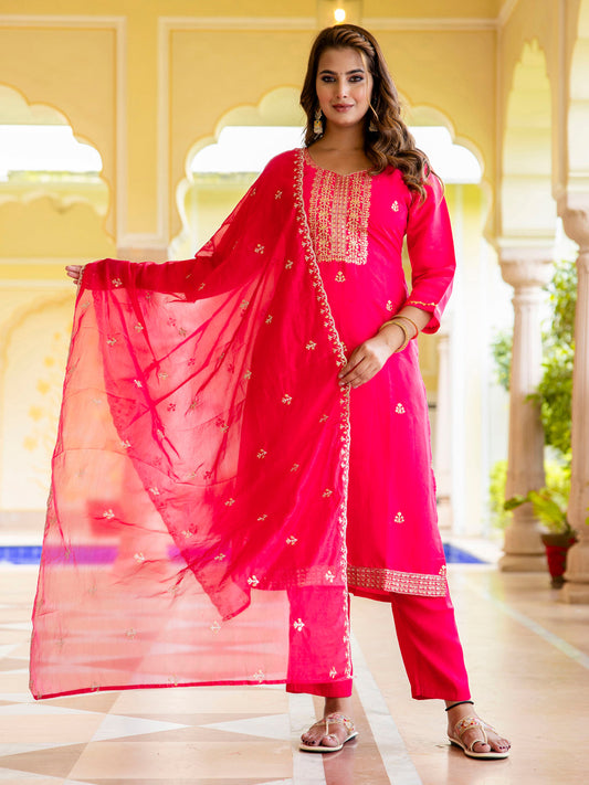Dhiyona VV Women's Embroidered Silk Blend Calf Length Straight Kurta with Palazzo & Dupatta Set