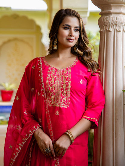 Dhiyona VV Women's Embroidered Silk Blend Calf Length Straight Kurta with Palazzo & Dupatta Set