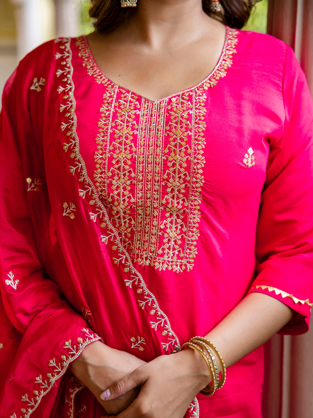 Dhiyona VV Women's Embroidered Silk Blend Calf Length Straight Kurta with Palazzo & Dupatta Set