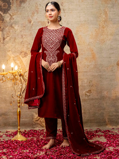 Dhiyona VV Women's Velvet Kurta Pant Dupatta Set