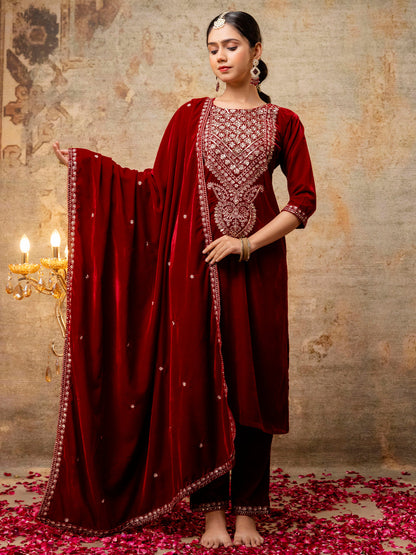 Dhiyona VV Women's Velvet Kurta Pant Dupatta Set