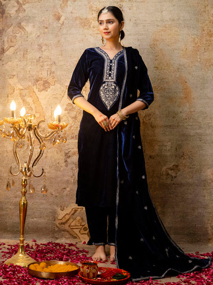 Dhiyona VV Women's Velvet Kurta Pant Dupatta Set