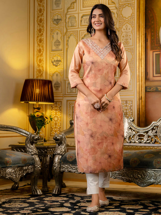 Dhiyona VV Women's Embroidered Silk Blend Straight Kurta