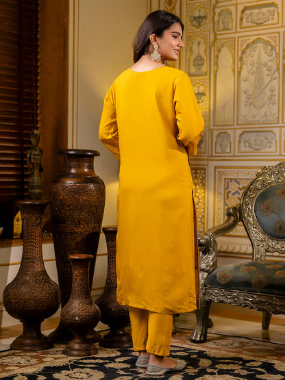 Dhiyona VV Women's Embroidered Silk Blend Calf Length Straight Kurta with Palazzo & Dupatta Set