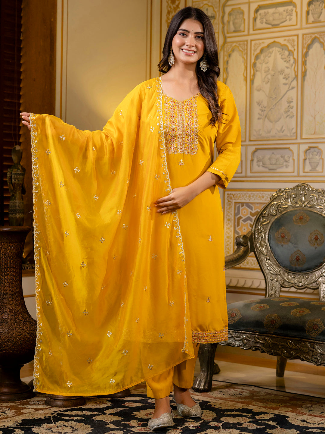 Dhiyona VV Women's Embroidered Silk Blend Calf Length Straight Kurta with Palazzo & Dupatta Set