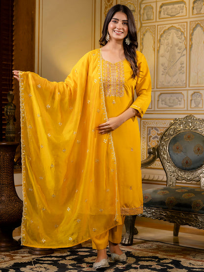 Dhiyona VV Women's Embroidered Silk Blend Calf Length Straight Kurta with Palazzo & Dupatta Set