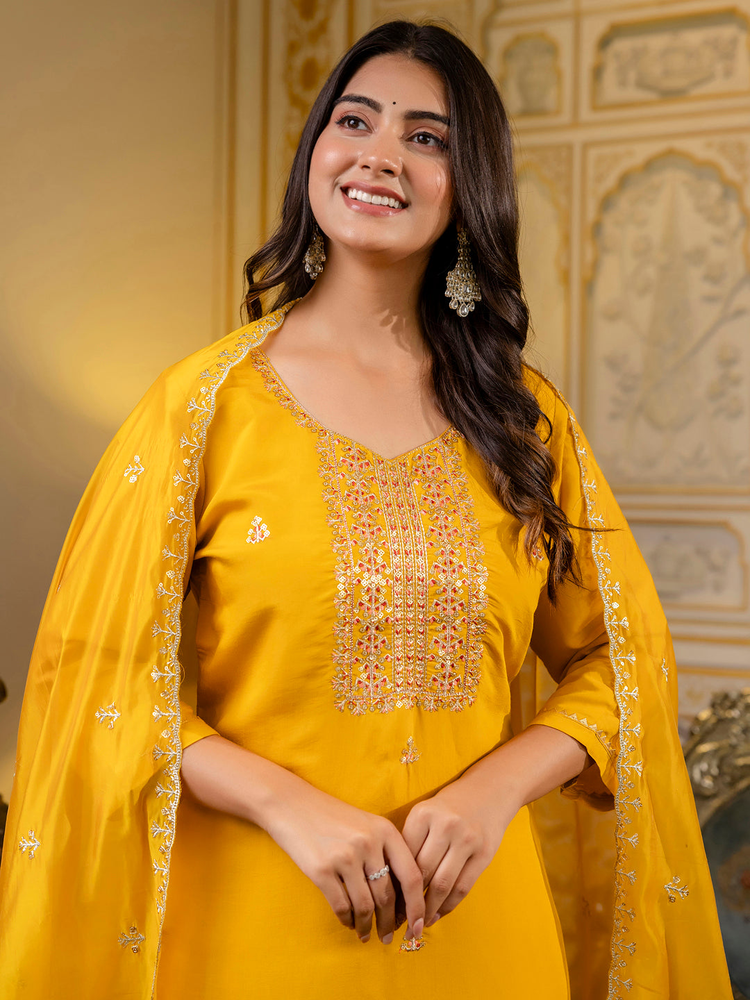 Dhiyona VV Women's Embroidered Silk Blend Calf Length Straight Kurta with Palazzo & Dupatta Set