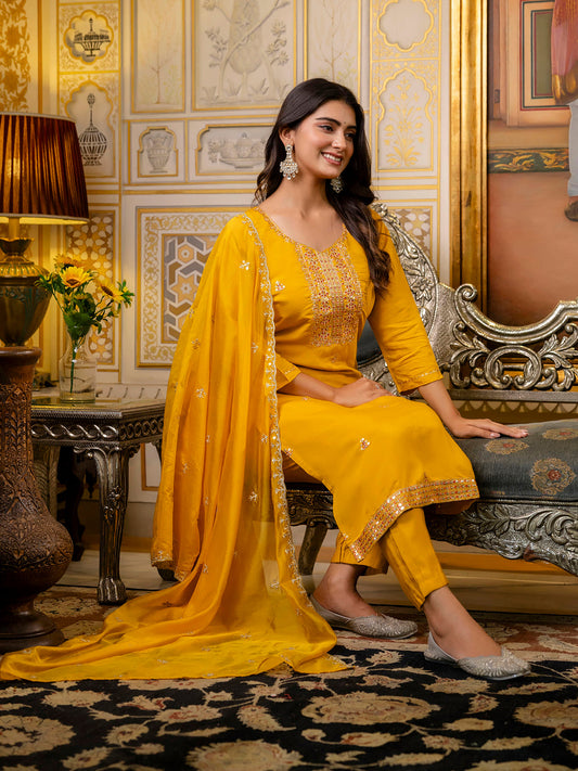 Dhiyona VV Women's Embroidered Silk Blend Calf Length Straight Kurta with Palazzo & Dupatta Set