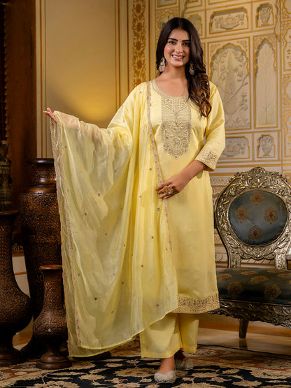 Dhiyona VV Women's Embroidered Silk Blend Calf Length Straight Kurta with Palazzo & Dupatta Set