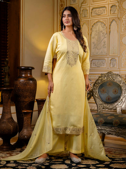 Dhiyona VV Women's Embroidered Silk Blend Calf Length Straight Kurta with Palazzo & Dupatta Set