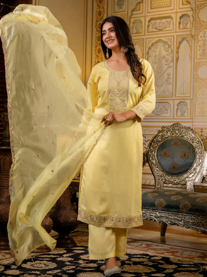 Dhiyona VV Women's Embroidered Silk Blend Calf Length Straight Kurta with Palazzo & Dupatta Set