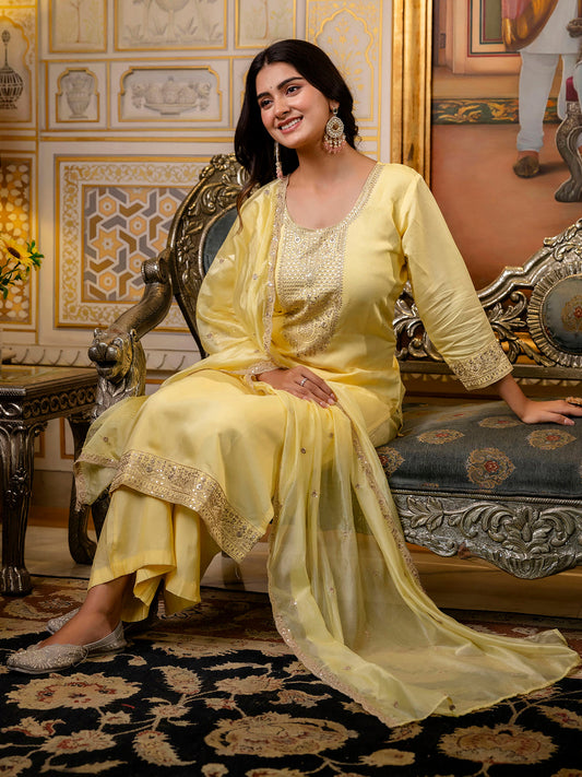 Dhiyona VV Women's Embroidered Silk Blend Calf Length Straight Kurta with Palazzo & Dupatta Set