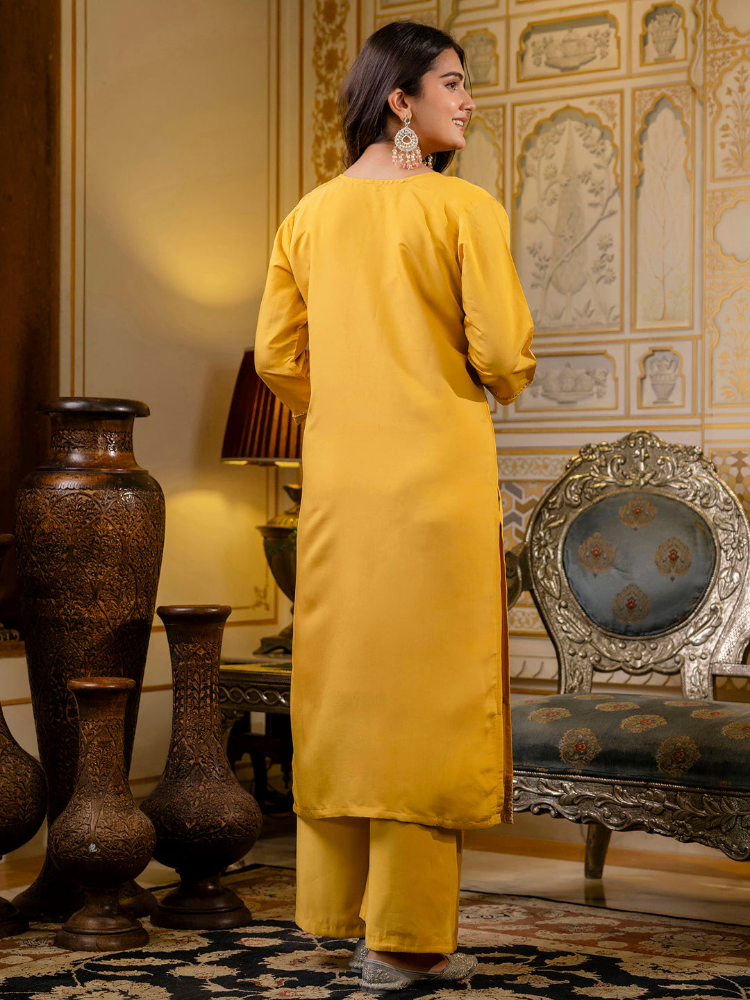 Dhiyona VV Women's Embroidered Silk Blend Calf Length Straight Kurta with Palazzo & Dupatta Set