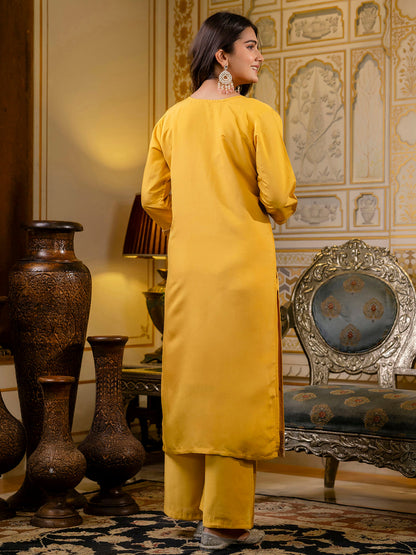 Dhiyona VV Women's Embroidered Silk Blend Calf Length Straight Kurta with Palazzo & Dupatta Set