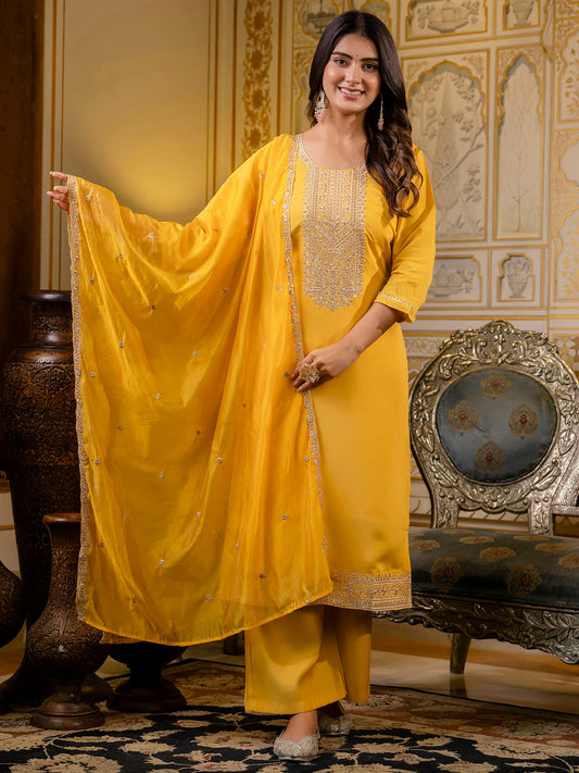 Dhiyona VV Women's Embroidered Silk Blend Calf Length Straight Kurta with Palazzo & Dupatta Set