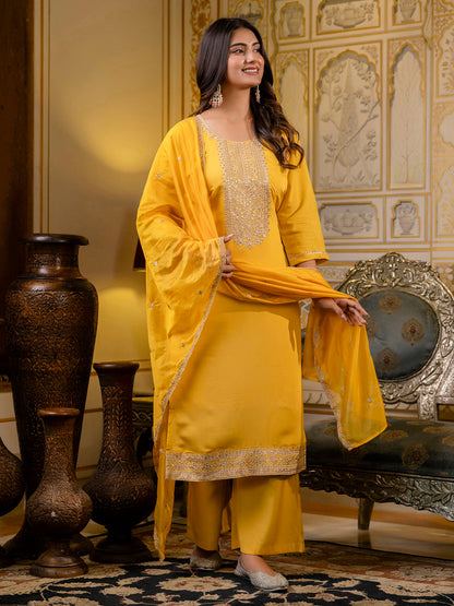 Dhiyona VV Women's Embroidered Silk Blend Calf Length Straight Kurta with Palazzo & Dupatta Set