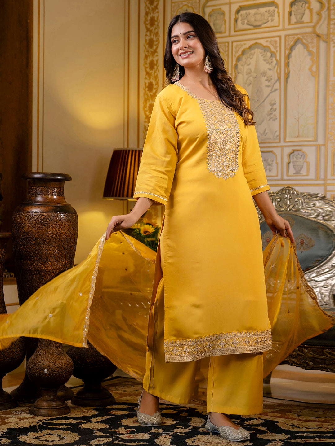 Dhiyona VV Women's Embroidered Silk Blend Calf Length Straight Kurta with Palazzo & Dupatta Set