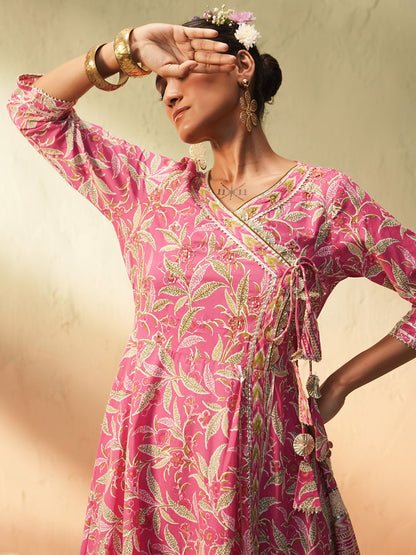 Dhiyona IS Women's Floral Printed V-Neck Angrakha Pure Cotton Anarkali Kurta With Trousers & Dupatta