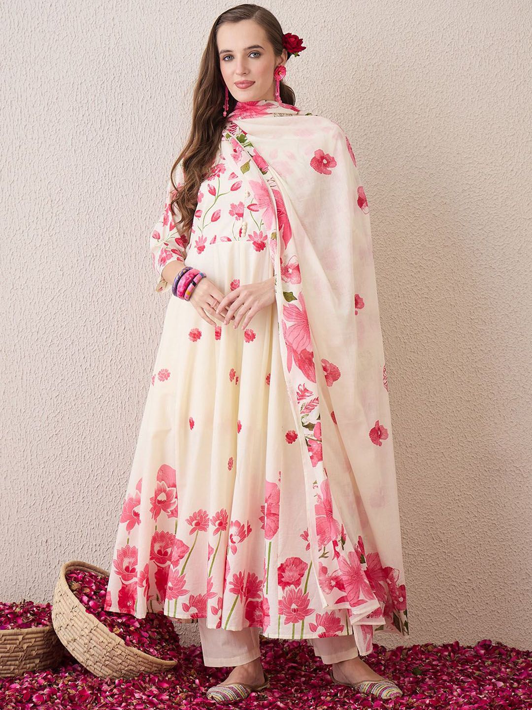 Floral Printed Beads & Stones Pure Cotton A-Line Kurta With Trousers & Dupatta