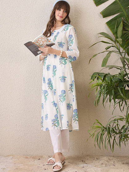 Dhiyona IE Floral Printed Round Neck Pure Cotton A-Line Kurta With Trouser