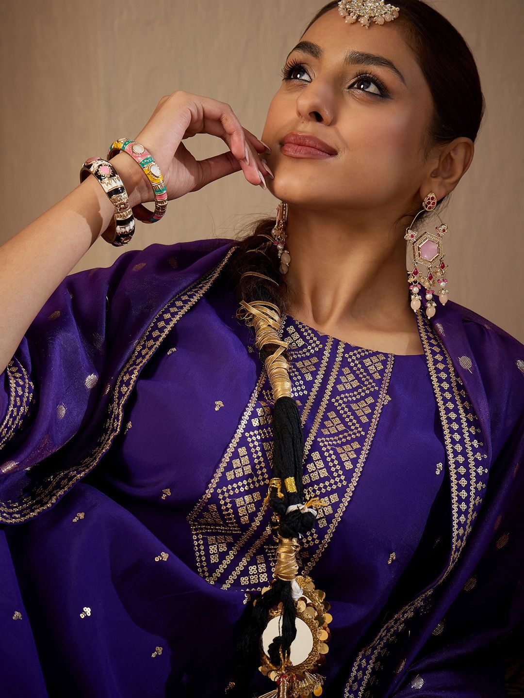 Women Ethnic Motifs Embroidered Regular Sequinned Kurta with Trousers & With Dupatta