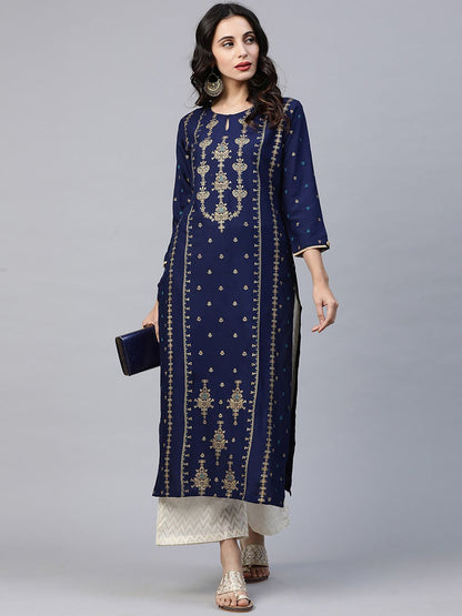 Dhiyona IE Women Blue & Gold-Toned Printed A-Line Kurta