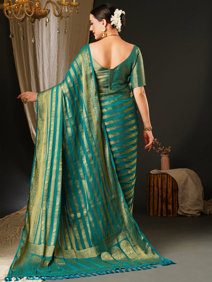 Women's Georgette Blue Woven Design Celebrity Saree With Blouse Piece